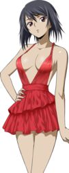 1girls alpha_channel bangs black_hair breasts brown_eyes cleavage_dress clothed code_geass code_geass:_boukoku_no_akito collarbone cowboy_shot dress female female_only front_view hair_between_eyes hand_on_hip human kousaka_ayano large_breasts looking_at_viewer official_art plunging_neckline red_dress solo standing transparent_background