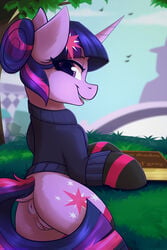 2020 2:3 anus ass book clothing cutie_mark digital_media_(artwork) dock english_text equid eyebrows feral friendship_is_magic furry genitals hi_res horn looking_at_viewer mammal my_little_pony open_mouth open_smile outside purple_eyes pussy shadowreindeer smile solo text tree twilight_sparkle_(mlp) unicorn