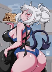 1girls ass bayeuxman big_ass big_breasts blush demon demon_girl demon_horns demon_tail eye_contact female helltaker horns huge_ass huge_breasts large_breasts looking_at_viewer lucifer_(helltaker) ponytail red_eyes swimsuit tail thick_thighs thighs white_hair white_horns wide_hips