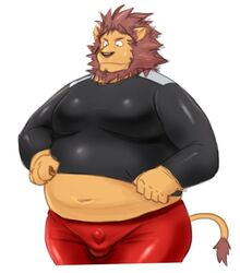 2016 anthro balls_outline belly bodily_fluids bottomwear bulge clothing felid genital_outline humanoid_hands iwano kemono lion male male_only mammal navel overweight overweight_male pantherine pants penis_outline shirt simple_background solo sweat topwear white_background