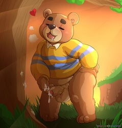 animal_crossing anthro balls belly blush bodily_fluids bottomless chibi clothed clothing cum drooling erection eyebrows gay genital_fluids genitals heart male male_only mammal masturbation nintendo outside penis saliva solo sunset teddy_(animal_crossing) thick_eyebrows tongue ursid ursofofinho video_games