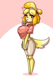 ? animal_crossing anthro blush bubble_tea_challenge canid canine canis clothed clothing drink_on_breasts drinking female fur furry furry_only heart hi_res huge_breasts humanoid isabelle_(animal_crossing) limebreaker nintendo tagme tail yellow_fur