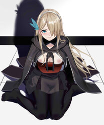 18966319959 absurdres black_cloak black_legwear black_skirt blue_eyes breasts cloak feather_hair_ornament hair_over_eyes headband highres large_breasts lexington_(cv-16)_(warship_girls_r) long_hair looking_at_viewer nipples shadow silver_hair skirt warship_girls_r