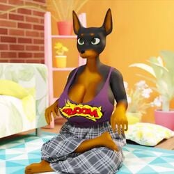 1girls 3d animated anthro big_breasts breasts canid canine cleavage clothed clothing crossed_legs dialogue doberman domestic_dog ducky_(artist) english_text female female_only furry huge_breasts large_breasts looking_away sitting soft_breasts solo sound source_filmmaker talking text two_tone_fur video voice_acted