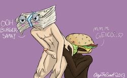 2013 anal animate_inanimate anthro bent_over burger circumcised comedy dark_skin erection food genitals half-closed_eyes humanoid humanoid_genitalia humanoid_penis kash_(geico_mascot) kneeling male male/male money narrowed_eyes nipples obeythesnarf oral penis pink_body pink_skin purple_background rimming sex signature simple_background trademark what