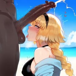 1boy 1girls ai_generated artstyle_imitation beach blonde_hair blue_eyes braided_hair breasts cumshot dark-skinned_male dark_skin fate/grand_order fate_(series) female floox hi_res huge_breasts huge_cock interracial jeanne_d'arc_(fate) jeanne_d'arc_(swimsuit_archer) light-skinned_female light_skin long_hair male outdoors penis stable_diffusion thiccwithaq_(ai_style) thick_thighs uncensored