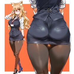 1girls ai_generated ass big_breasts breasts fate/grand_order fate_(series) female full_body hourglass_figure huge_breasts large_breasts looking_at_viewer office_lady skirt solo suzuka_gozen_(fate) thick_thighs thighs yamatoai