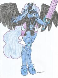 alicorn alicorn_(mlp) alicorn_anthro alicorn_princess anthro big_breasts big_hips bikini_armor black_body black_fur blue_eyes colored_hair dark_persona female_knight friendship_is_magic hasbro marlon64 my_little_pony my_little_pony_friendship_is_magic nightmare_moon_(mlp) princess_luna_(mlp) solo_female sword swordswoman traditional_drawing_(artwork) white_background winged_humanoid