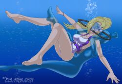 1girls 5_toes barefoot blonde_hair blue_eyes damsel_in_distress dastigy feet female female_only female_solo heroine_in_trouble ino_yamanaka leotard naruto naruto_(series) peril scuba scuba_gear scuba_mask scuba_tank soles solo solo_female solo_only toes underwater underwater_peril