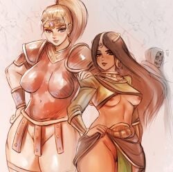 2girls amazon_(diablo) arslood bottomless diablo_2 female multiple_girls nipple_slip sorceress_(diablo) tiara