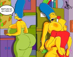 20th_century_fox 20th_century_studios accurate_art_style against_wall bart_simpson big_ass big_breasts blue_hair breasts_bigger_than_head incest jewelry marge_simpson milf mluv mother_and_son panties_around_leg red_heels red_shirt sex text text_bubble the_simpsons yellow_body yellow_skin