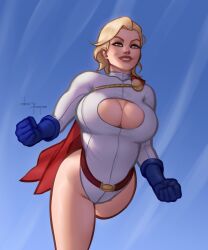 1girls alien artist_name blonde_hair boob_window busty cape cleavage cleavage_cutout dc dc_comics gloves kara_zor-l karen_starr kryptonian light-skinned_female light_skin pope_of_dairy power_girl smiling solo superheroine superman_(series) thighs