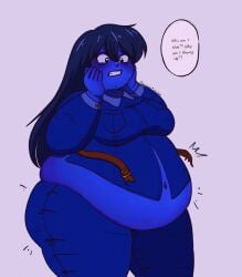 1girls belt_snapping big_belly big_breasts bloated_belly blue_body blue_hair blue_skin blueberry_inflation blush clothed clothing confusion embarrassed fat fat_ass female female_only lily_(pocharimochi) long_hair navel panic pocharimochi text wardrobe_malfunction weight_gain worried