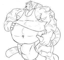 anthro balls big_balls big_muscles big_penis clothing drinking_bottle felid genitals hand_on_stomach hi_res holding_object huge_balls huge_cock huge_muscles hyper hyper_balls hyper_genitalia hyper_muscles hyper_penis male male_only mammal monochrome musclegut muscular navel nipples pantherine penis sachiel_666 smile solo sweatshirt tiger tongue tongue_out underwear