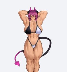 1girls absurd_res armpits arms_behind_head bikini breasts cleavage commission demon_tail encariah1 hi_res horns huge_breasts looking_at_viewer original purple_eyes purple_hair simple_background smile solo swimsuit tail white_background