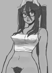 crop_top dog_ears female glasses homestuck jade_harley no_panties pubic_hair redskinnedmess solo tight_clothing