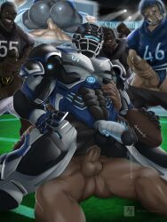 5boys american_football anal_sex ass ass balls cleatus_the_fox_sports_robot clothed dripping_cum erection football_player football_uniform from_behind gay group group_sex human humanoid jerkingoff keoni_booni looking_at_another male male_only muscular muscular_male nude on_top partially_clothed penetration penis precum public robot sex sport sportswear stadium stadium_background