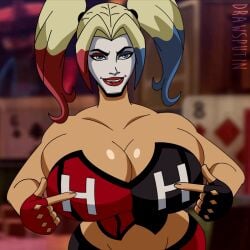 1girls alternate_breast_size animated animated bare_shoulders batman_(series) big_breasts bite biting_lip bouncing_breasts cleavage dc_comics dcuaom drawsputin female female_only fingerless_gloves gloves harley_quinn harley_quinn_(injustice) huge_breasts injustice injustice_(film) light-skinned_female looking_at_viewer seductive solo solo_female solo_focus supervillainess top_heavy twintails villain wide_hips