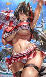 bay_(nikke) black_hair blush breasts cheerleader dark-skinned_female embarrassed goddess_of_victory:_nikke high-waisted_thong himonoata huge_breasts long_hair midriff miniskirt mole multicolored_hair no_bra panties pom_poms ponytail red_hair revealing_clothes skirt sweat tan tanline thick_thighs thighs thong two-tone_hair underboob wide_hips