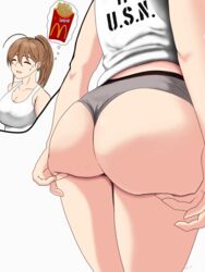 1girls 2018 :d ^_^ absurd_res ahoge ass ass_focus ass_support bare_arms bare_shoulders boyshorts breasts brown_hair cleavage close-up closed_eyes clothes_writing collarbone cowboy_shot female female_only food french_fries from_behind highres hip_focus huge_ass inset intrepid_(kantai_collection) kantai_collection kilroylw large_breasts long_hair lower_body mcdonald's multiple_views open_mouth ponytail shirt simple_background sleeveless smile solo standing sweatdrop tank_top thick_thighs thighs thought_bubble white_background white_shirt wide_hips