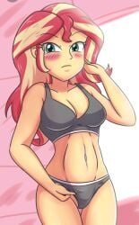 abs belly belly_button bikini black_bikini black_bra black_panties blush blushing_at_viewer cleavage deviantart deviantart_link equestria_girls female green_eyes hasbro human long_hair looking_at_viewer my_little_pony navel red_hair solo solo_female sumin6301 sunset_shimmer two_tone_hair yellow_body yellow_skin younger_female