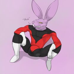 balls big_bulge big_ears bulge costume dablueguy dragon_ball dragon_ball_super dyspo flaccid lagomorph male male_only muscles penis purple_body purple_skin rabbit rabbit_ears sitting solo solo_male spread_legs