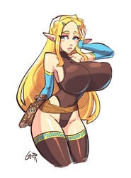 1girls anti-gravity_boobs big_breasts breasts breath_of_the_wild cleavage demigoddess female female_only gerph huge_breasts large_breasts nipples_visible_through_clothing princess_zelda sheikah_slate solo the_legend_of_zelda thighhighs zelda_(breath_of_the_wild)