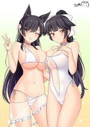 2girls atago_(azur_lane) atago_(summer_march)_(azur_lane) azur_lane black_hair light-skinned_female light_skin looking_at_viewer multiple_girls ppshex sakura_empire_(azur_lane) sisters takao_(azur_lane) takao_(beach_rhapsody)_(azur_lane) white_bikini white_swimsuit winking winking_at_viewer yellow_eyes