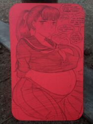 13_sentinels:_aegis_rim 1girls big_breasts blush embarrassed english_text fat female female_only graphite_(artwork) juice_box looking_at_viewer offscreen_character ponytail pregnant red_background red_theme school_uniform schoolgirl serafuku sitting solo the_tits_of_mio traditional_media_(artwork) undersized_clothes yuki_takamiya