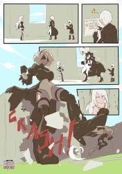 1boy 2girls blindfold breasts clothing female gamesquid giantess giantess_growth growth hairband light-skinned_female light-skinned_male light_skin long_hair macro male nier nier:_automata short_hair size_difference thighhighs torn_clothes white_hair yorha_2b yorha_9s yorha_a2