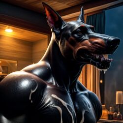 ai_generated anthro bodily_fluids canid canine canis cum cum_in_mouth cum_inside cum_on_body cum_string director_homer_26 dobermann domestic_dog drooling furry genital_fluids humanoid male mammal muscular muscular_male open_mouth pinscher saliva solo solo_focus