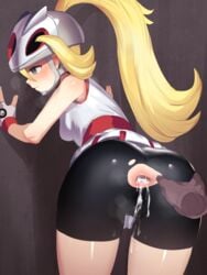 1boy 1girls after_anal after_sex against_wall alternate_breast_size ass ass_grab big_ass bike_shorts black_background blonde_hair blue_eyes blush breasts clothed_sex cum cum_drip cum_in_ass cum_inside dark_skin female female_focus gaping_anus genital_fluids gloves heavy_breathing helmet human ie_(raarami) internal_cumshot interracial korrina_(pokemon) leaking long_hair male medium_breasts mega_stone nintendo pokemon pokemon_xy ponytail pose shirt shorts small_breasts spread_ass spreading thigh_gap thighs torn_clothes wet wide_hips