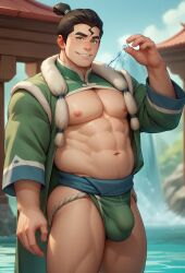 1boy 2024 ai_generated avatar_legends bara barazoku big_bulge black_hair blush bolin bulge green_eyes harkonak looking_at_viewer male male_nipples male_only muscular_male nickelodeon nipples the_legend_of_korra underwear