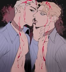 blood blood_on_face chest_exposed choker clothed_sex collar collars diamond_is_unbreakable french_kiss gay jojo's_bizarre_adventure kiracest male/male male_chest male_only male_pecs muscular_male pecs selfcest twink twunk yaoi yoshikage_kira