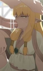 1boy absurdres bar_censor blonde_hair blurry blurry_background censored elf fellatio female hands_on_another's_head has_uncensored_version highres long_hair mizumizuni oral pointy_ears serie_(sousou_no_frieren) solo_focus sousou_no_frieren straight tongue tongue_out yellow_eyes