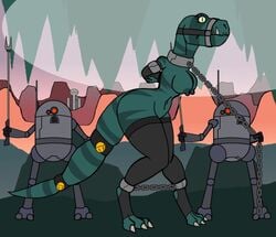 anthro areola bondage bound breasts chains collar dinosaur fang_(primal) female group machine nidrog primal_(series) reptile robot scalie slave theropod tyrannosaurid tyrannosaurus tyrannosaurus_rex