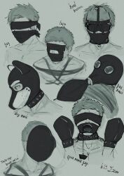 artist_signature asphyxiation blindfold blindfolded collar eiso gag gag_sequence gagged gas_mask head_harness male male_focus male_only malesub open_mouth_gag pawpads pup_mask rope_bondage solo_male submissive_male swim_cap swimming_cap tape tape_gag