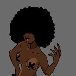 afro big_lips big_lips_no_eyes big_nose black_female black_hair black_nails dark-skinned_female hair_covering_eyes medium_breasts pasties smile taebien tongue_out topless zahra_(tae)