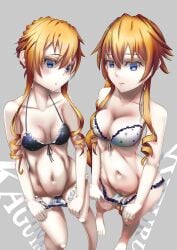 2girls belly bikini blue_eyes breasts date_a_live digitalfragment female female_only light-skinned_female long_hair looking_at_viewer orange_hair sisters thighs twins undressing yamai_kaguya yamai_yuzuru