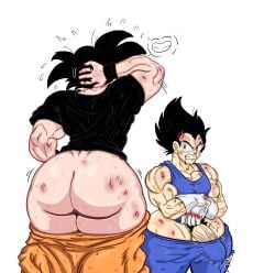 2boys angry_symbol annoyed annoyed_expression arguing back_view background_character battle_damage big_ass big_butt black_clothing black_hair bleeding_from_mouth blood blue_clothing bruise digital_drawing_(artwork) digital_media_(artwork) dragon_ball dragon_ball_heroes dragon_ball_super dragon_ball_z erect_nipples_under_clothes erect_penis erection facing_away_from_viewer gloves goku gym_uniform himbo kojoarts light-skinned_male male male/male male_only male_penetrating_female martial_arts_uniform men muscular_male nsfw pants_around_thighs pants_down penis penis_out penis_visible_through_pants prince_vegeta rough saiyan scratches scratching_head shonen_jump smile smiling son_goku spiky_hair sweat sweatdrop thick_ass thick_thighs training twitch_lines twitching_penis vegeta veiny_penis voluptuous white_background wide_hips wide_thighs