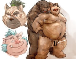 2020 anal anthro bodily_fluids brown_body brown_fur cum ejaculation fur genital_fluids gouryou hi_res kemono kotobuki male male/male male_only mammal moobs nipples overweight overweight_male sex simple_background suid suina sus_(pig) sweat tokyo_afterschool_summoners tongue tongue_out ursid video_games white_background wild_boar yasuyori