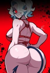 ass ass_focus back backboob bra breasts demon demon_girl devil_tail ear_piercing eyeshadow glowing_eyes hair_over_one_eye hand_on_hip helltaker horns huge_ass large_breasts lingerie lip_piercing looking_at_viewer looking_back makeup nose_piercing panties piercings red_eyes short_hair smile tail thick_thighs thieviusa thighs underwear white_hair zdrada_(helltaker)