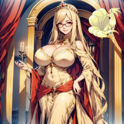 ai ai_generated beige_hair castle dress headdress huge_breasts humanization nina ninetales nintendo pokemon pokewomen red_eyes short_hair standing