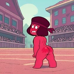 ai_generated alien alien_girl alien_humanoid ass blush cartoon_network covering_crotch embarrassed embarrassed_nude_female female female_only gem_(species) looking_back nude nude_female red_body ruby_(steven_universe) scalieton self_upload spank_marks steven_universe