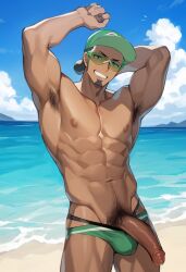 1boy abs ai_generated ai_golden_map armpit_hair armpits beach beard cum cum_drip dark-skinned_male green-tinted_eyewear hat kukui_(pokemon) looking_at_viewer male male_only muscular muscular_male nipples novelai outdoors pecs penis penis_out pokemon pokemon_sm pubic_hair solo sunglasses tinted_eyewear