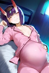 ai_generated bedroom fate_(series) pajamas pregnant purple_eyes purple_hair red_eyeshadow seapine shuten_douji_(fate) sleeping