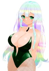 1girls big_breasts breasts bunnysuit busty choker cleavage curvy female female_only fishnets hazel_(oc)_(yojimbra) multicolored_hair original rainbow_hair solo wide_hips yojimbra