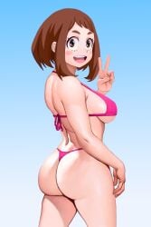 1girls big_ass light-skinned_female looking_at_viewer my_hero_academia ochako_uraraka peace_sign pink_bikini pink_thong solo string_bikini thick_ass thong wazu-san