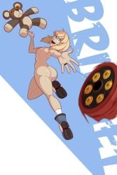 1boy 1male androgynous ass balls blonde_hair breasts breasts_out bridget bubble_butt futanari guilty_gear living_toy looking_at_viewer male naked roger_(guilty_gear) small_breasts smiling_at_viewer teddy_bear testicles unknown_artist yoyo