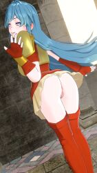 1girls 3d ass bare_thighs big_ass blue_eyes blue_hair boots breasts earrings eirika_(fire_emblem) emilyblend34 female female_only fingerless_gloves fire_emblem fire_emblem:_the_sacred_stones gloves grin indoors long_hair looking_at_viewer looking_back naughty_face nintendo no_panties skirt small_breasts smile solo thigh_boots thighs upskirt waving waving_at_viewer